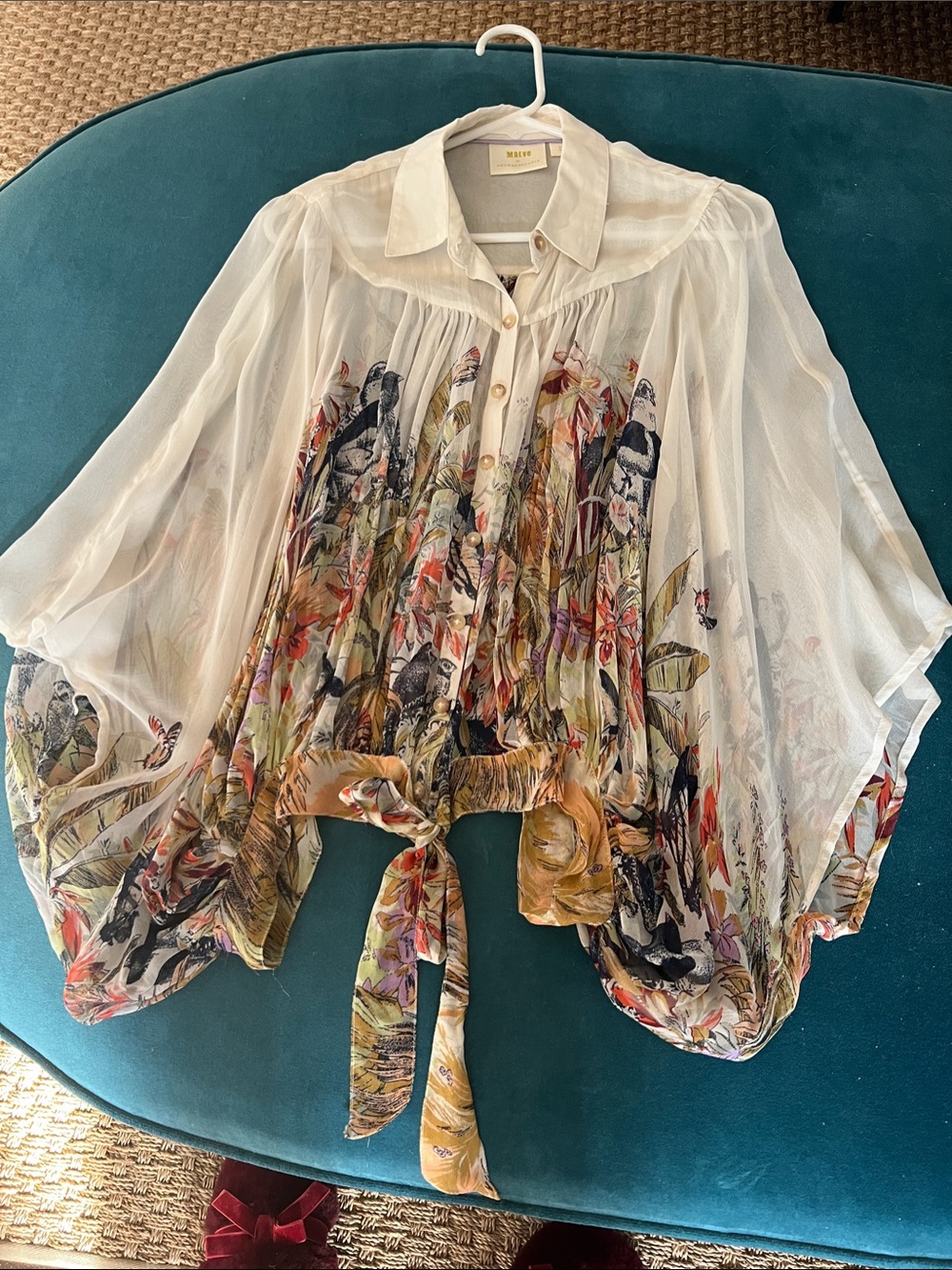 Antgropologie Maeve Batwing Kimono SleeveSheer Floral Tie-Front Blouse XS/S